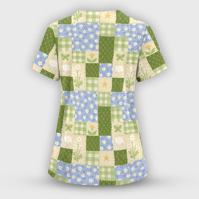 Green Patchwork Clover Floral Pattern Scrub Top, Comfortable Scrubs For Nurses