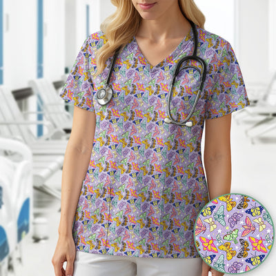 Colorful Butterfly Pattern Scrub Top, Breathable Fabrics Nursing Uniform