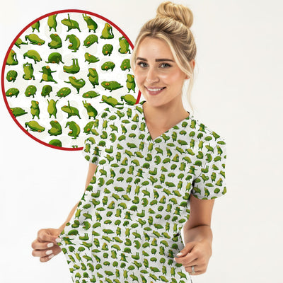 Cute Frog Cartoon Pattern Scrub Top, Comfortable Scrubs for Nurses