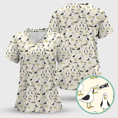 Funny Seagull Mom Seamless Pattern Scrub Top, Comfortable Scrubs for Nurses