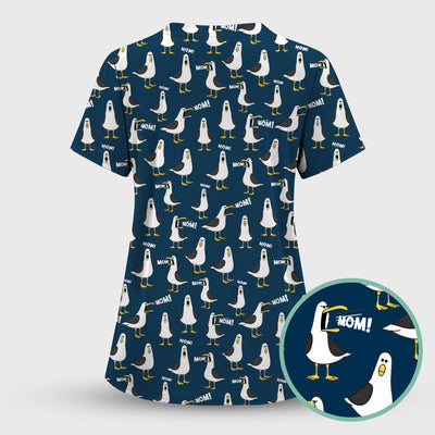 Funny Seagull Mom Seamless Pattern Scrub Top, Comfortable Scrubs for Nurses