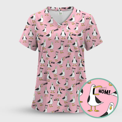 Funny Seagull Mom Seamless Pattern Scrub Top, Comfortable Scrubs for Nurses