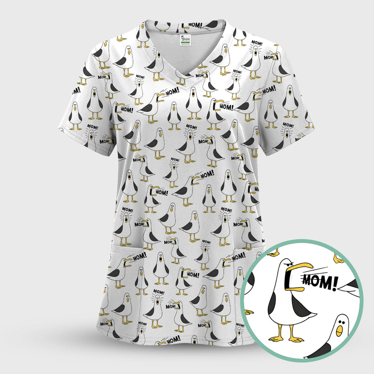 Funny Seagull Mom Seamless Pattern Scrub Top, Comfortable Scrubs for Nurses