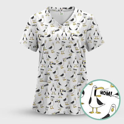 Funny Seagull Mom Seamless Pattern Scrub Top, Comfortable Scrubs for Nurses