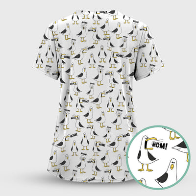 Funny Seagull Mom Seamless Pattern Scrub Top, Comfortable Scrubs for Nurses