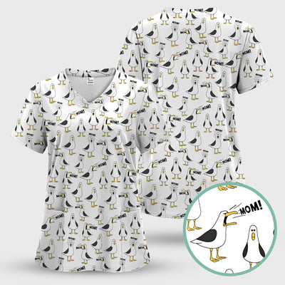 Funny Seagull Mom Seamless Pattern Scrub Top, Comfortable Scrubs for Nurses