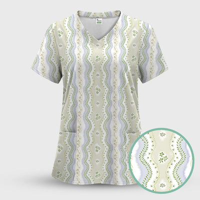 Wavy Stripe Botanical Pattern Scrub Top, Comfortable Scrubs for Nurses