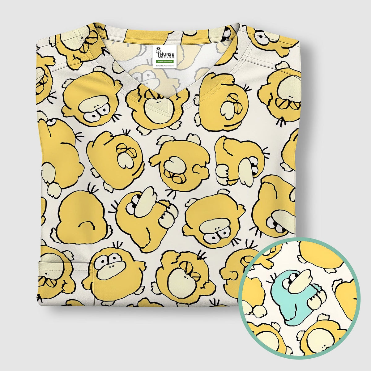 Funny Yellow Cartoon Duck Pattern Scrub Top, Comfortable Scrubs For Nurses