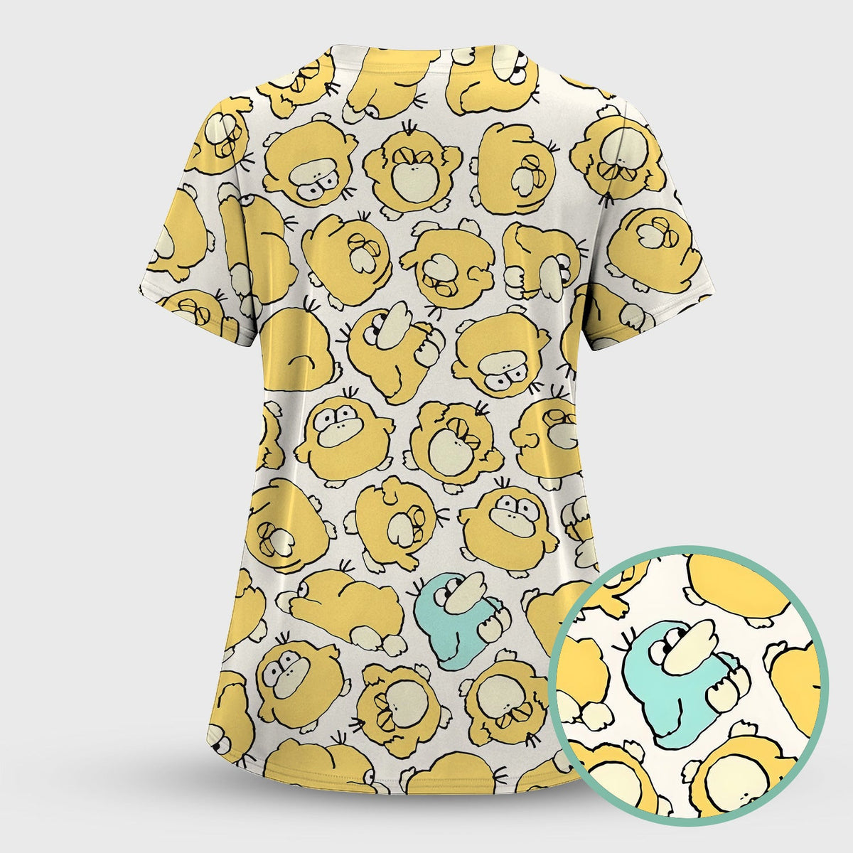 Funny Yellow Cartoon Duck Pattern Scrub Top, Comfortable Scrubs For Nurses