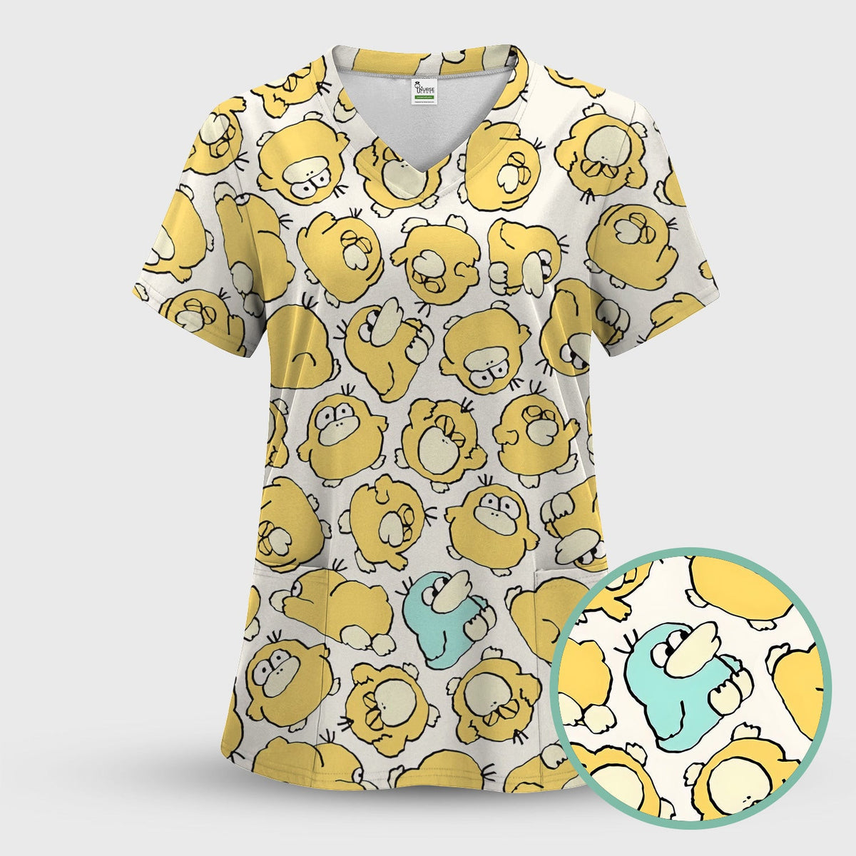 Funny Yellow Cartoon Duck Pattern Scrub Top, Comfortable Scrubs For Nurses