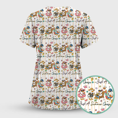 Summer Beach Goose Vacation Pattern Scrub Top, Comfortable Scrubs for Nurses