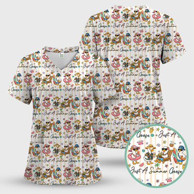 Summer Beach Goose Vacation Pattern Scrub Top, Comfortable Scrubs for Nurses