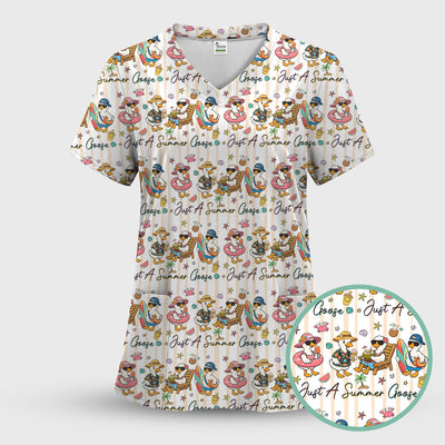 Summer Beach Goose Vacation Pattern Scrub Top, Comfortable Scrubs for Nurses