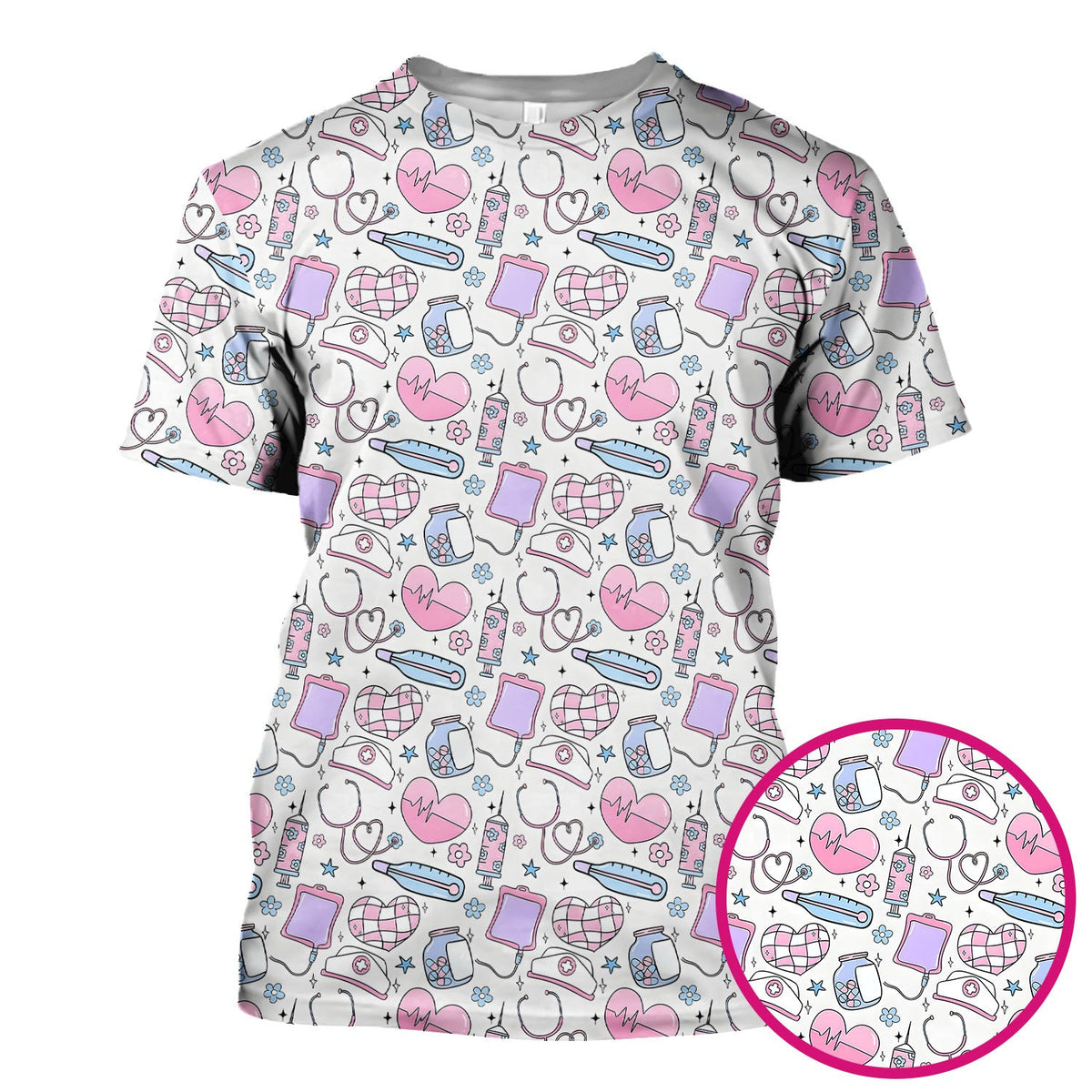 Cute Pastel Medical Icons Pattern Scrub Top, Comfortable Scrubs for Nurses