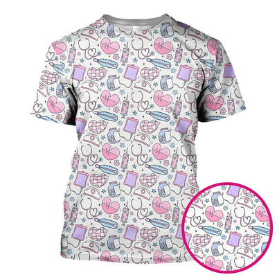 Cute Pastel Medical Icons Pattern Scrub Top, Comfortable Scrubs for Nurses