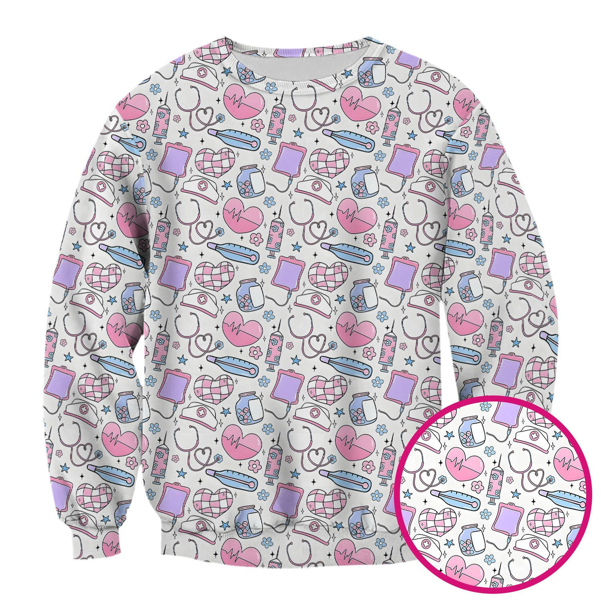 Cute Pastel Medical Icons Pattern Scrub Top, Comfortable Scrubs for Nurses