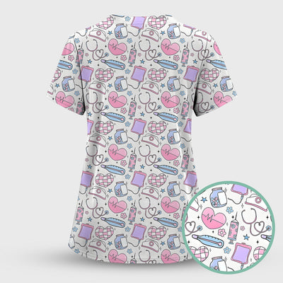 Cute Pastel Medical Icons Pattern Scrub Top, Comfortable Scrubs for Nurses
