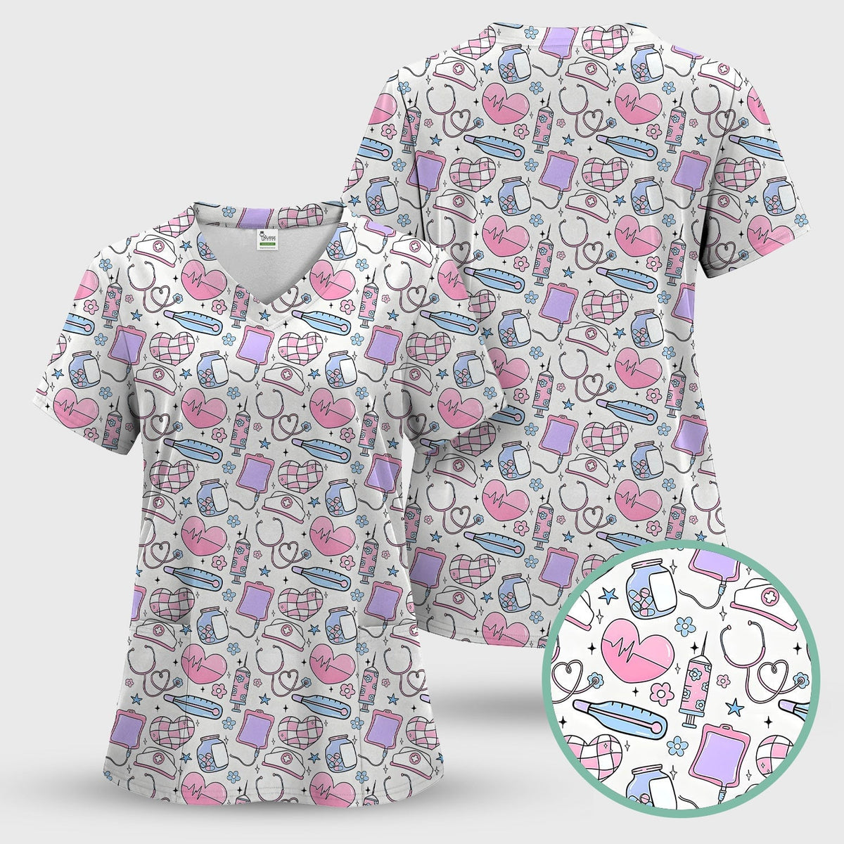 Cute Pastel Medical Icons Pattern Scrub Top, Comfortable Scrubs for Nurses