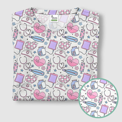Cute Pastel Medical Icons Pattern Scrub Top, Comfortable Scrubs for Nurses