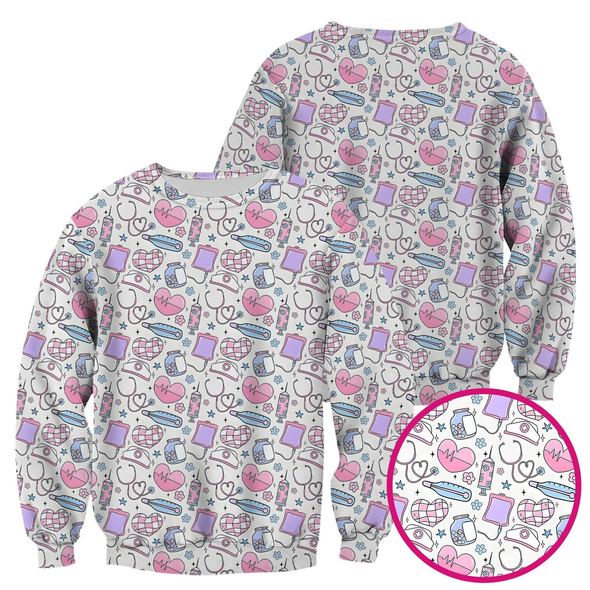 Cute Pastel Medical Icons Pattern Scrub Top, Comfortable Scrubs for Nurses