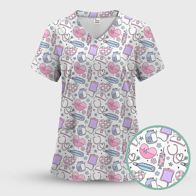 Cute Pastel Medical Icons Pattern Scrub Top, Comfortable Scrubs for Nurses