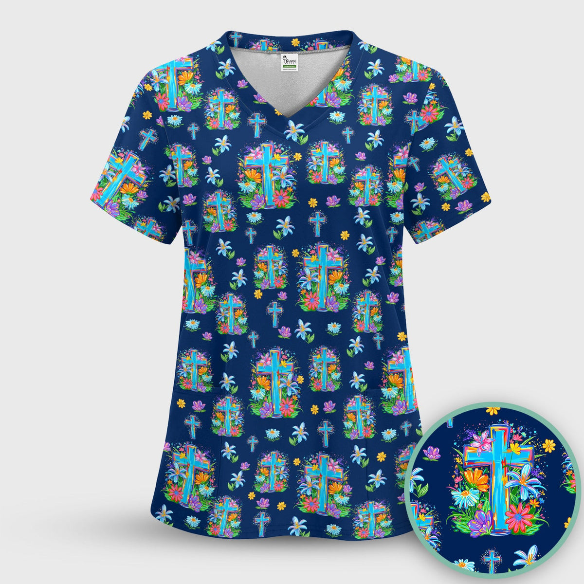 Christian Floral Cross Spring Pattern Scrub Top, Comfortable Scrubs for Nurses
