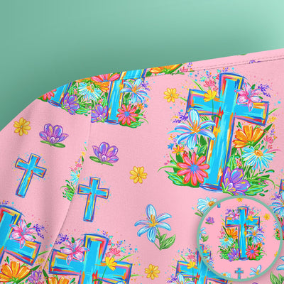 Christian Floral Cross Spring Pattern Scrub Top, Comfortable Scrubs for Nurses