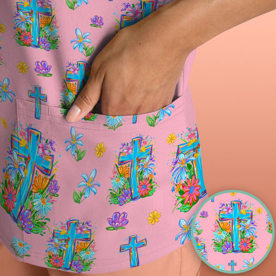 Christian Floral Cross Spring Pattern Scrub Top, Comfortable Scrubs for Nurses