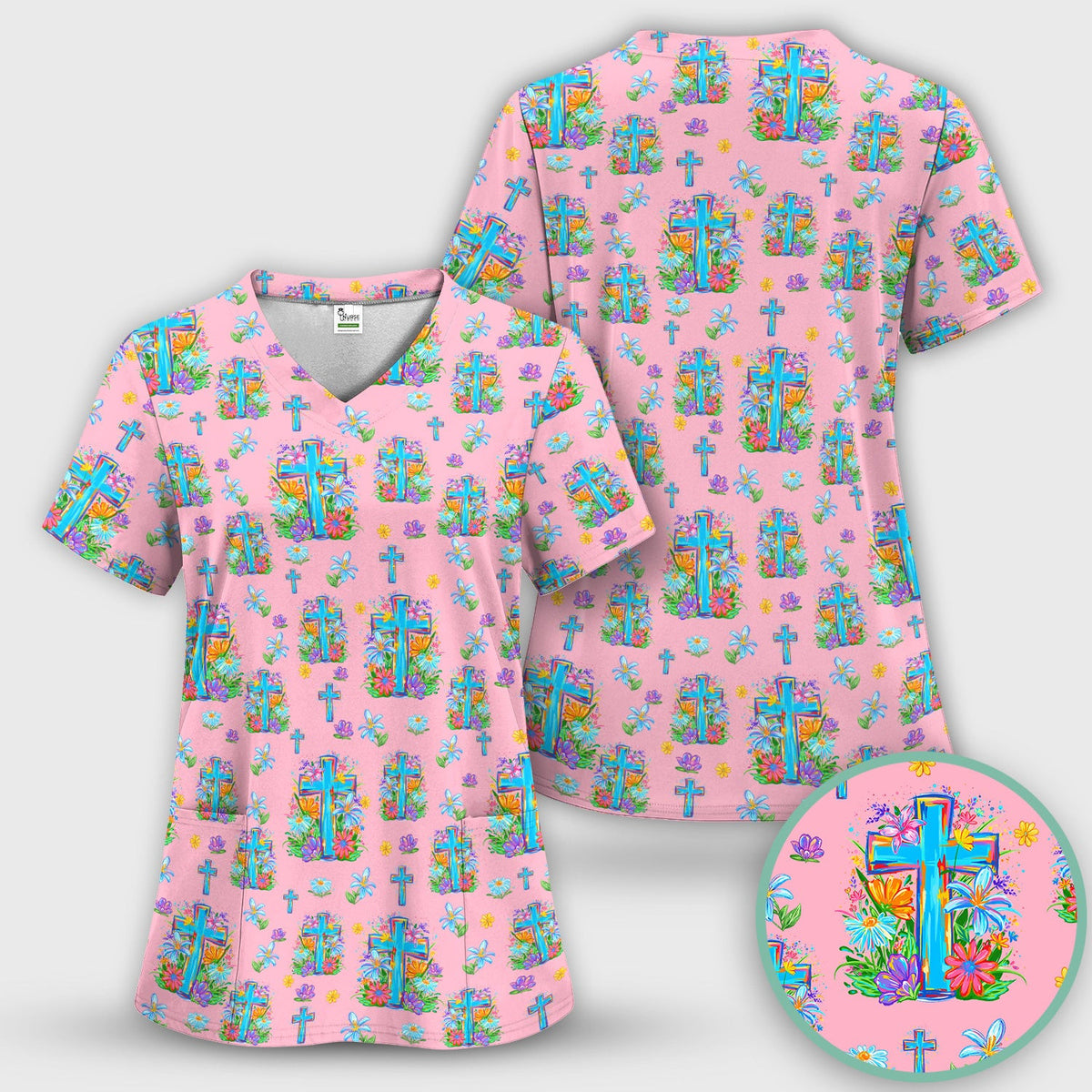 Christian Floral Cross Spring Pattern Scrub Top, Comfortable Scrubs for Nurses