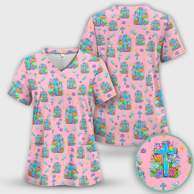 Christian Floral Cross Spring Pattern Scrub Top, Comfortable Scrubs for Nurses
