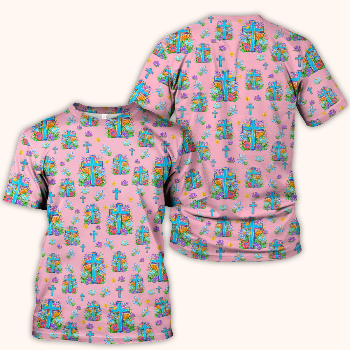 Christian Floral Cross Spring Pattern Scrub Top, Comfortable Scrubs for Nurses