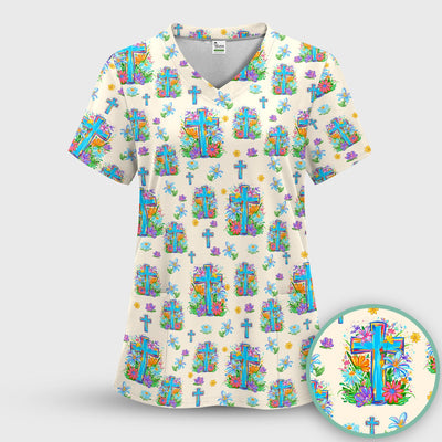 Christian Floral Cross Spring Pattern Scrub Top, Comfortable Scrubs for Nurses