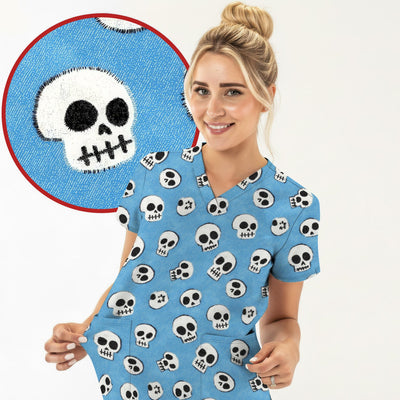 Blue Skull Halloween Pattern Scrub Top, Comfortable Scrubs for Nurses