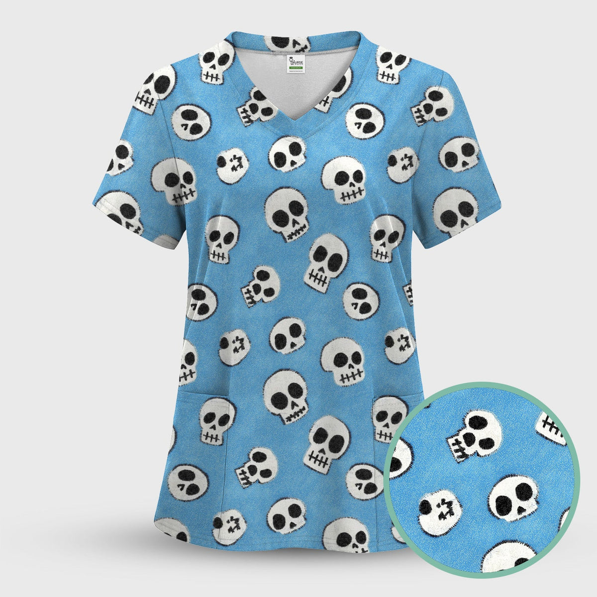 Blue Skull Halloween Pattern Scrub Top, Comfortable Scrubs for Nurses