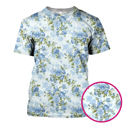 Cute Blue Floral Pattern Scrub Top, Comfortable Scrubs for Nurses