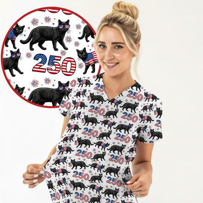 Black Cat 250 USA Flag Fireworks Pattern Scrubs Top, Comfortable Scrubs for Nurses