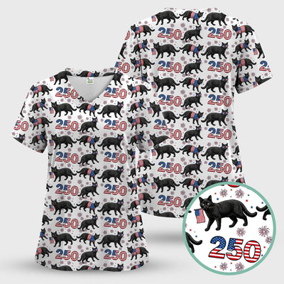 Black Cat 250 USA Flag Fireworks Pattern Scrubs Top, Comfortable Scrubs for Nurses