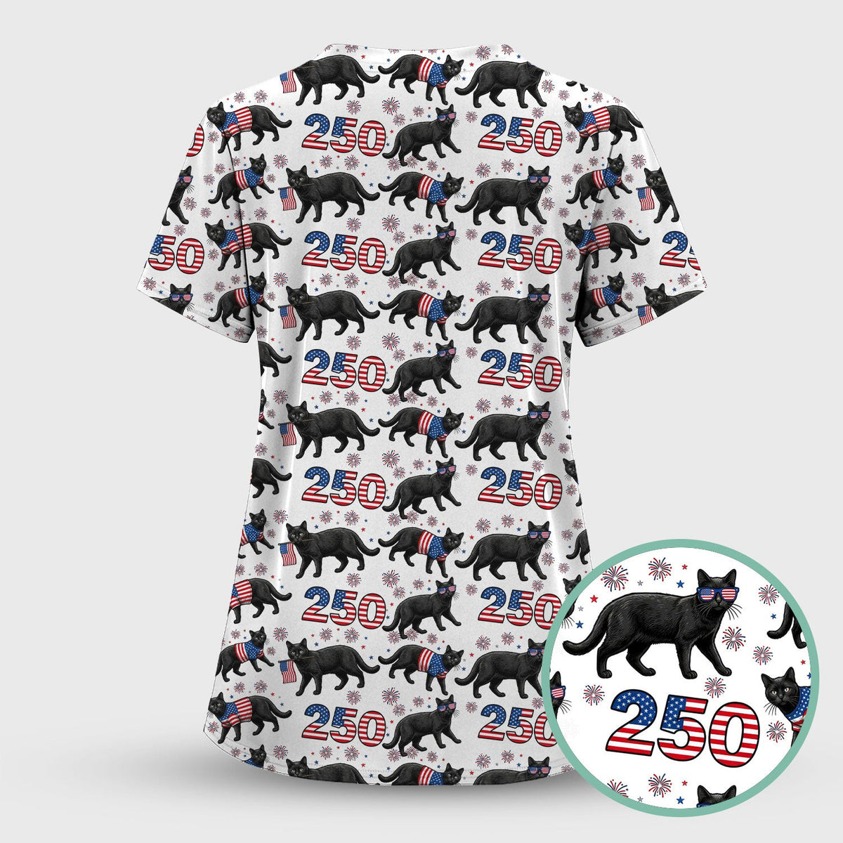 Black Cat 250 USA Flag Fireworks Pattern Scrubs Top, Comfortable Scrubs for Nurses