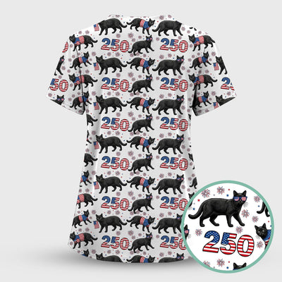 Black Cat 250 USA Flag Fireworks Pattern Scrubs Top, Comfortable Scrubs for Nurses