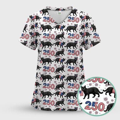 Black Cat 250 USA Flag Fireworks Pattern Scrubs Top, Comfortable Scrubs for Nurses