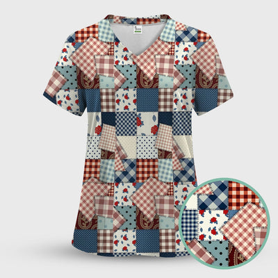 Retro Patchwork Plaid Quilt Pattern Scrub Top, Comfortable Scrubs for Nurses