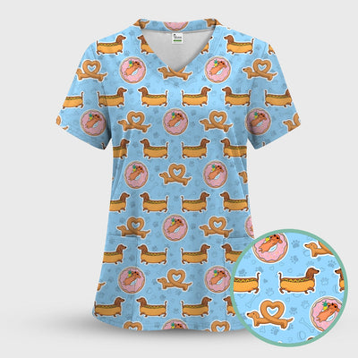 Cute Dachshund Donut Heart Pattern Scrub Top, Comfortable Scrubs For Nurses