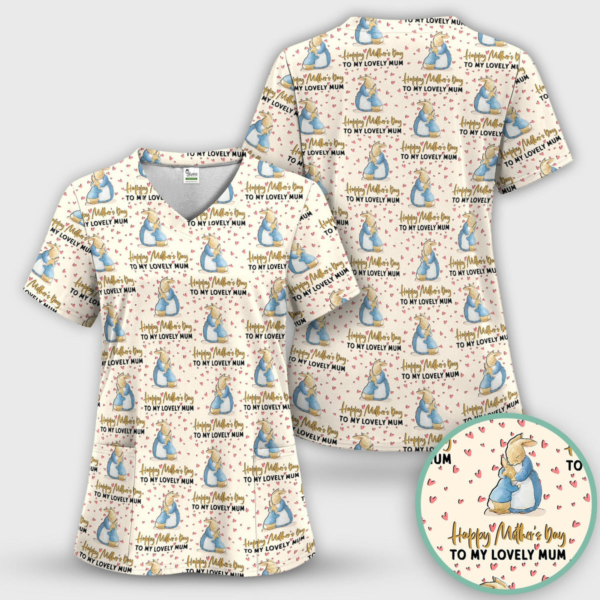 Happy Mothers Day Bunny Love Pattern Scrubs Top, Comfortable Scrubs for Nurses