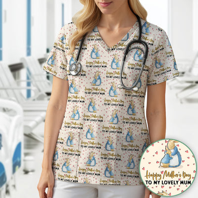 Happy Mothers Day Bunny Love Pattern Scrubs Top, Comfortable Scrubs for Nurses