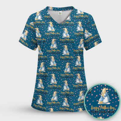 Happy Mothers Day Bunny Love Pattern Scrubs Top, Comfortable Scrubs for Nurses