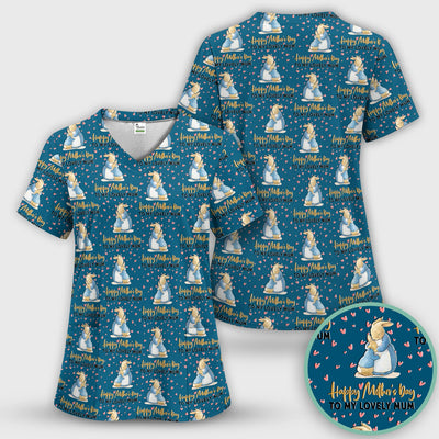Happy Mothers Day Bunny Love Pattern Scrubs Top, Comfortable Scrubs for Nurses