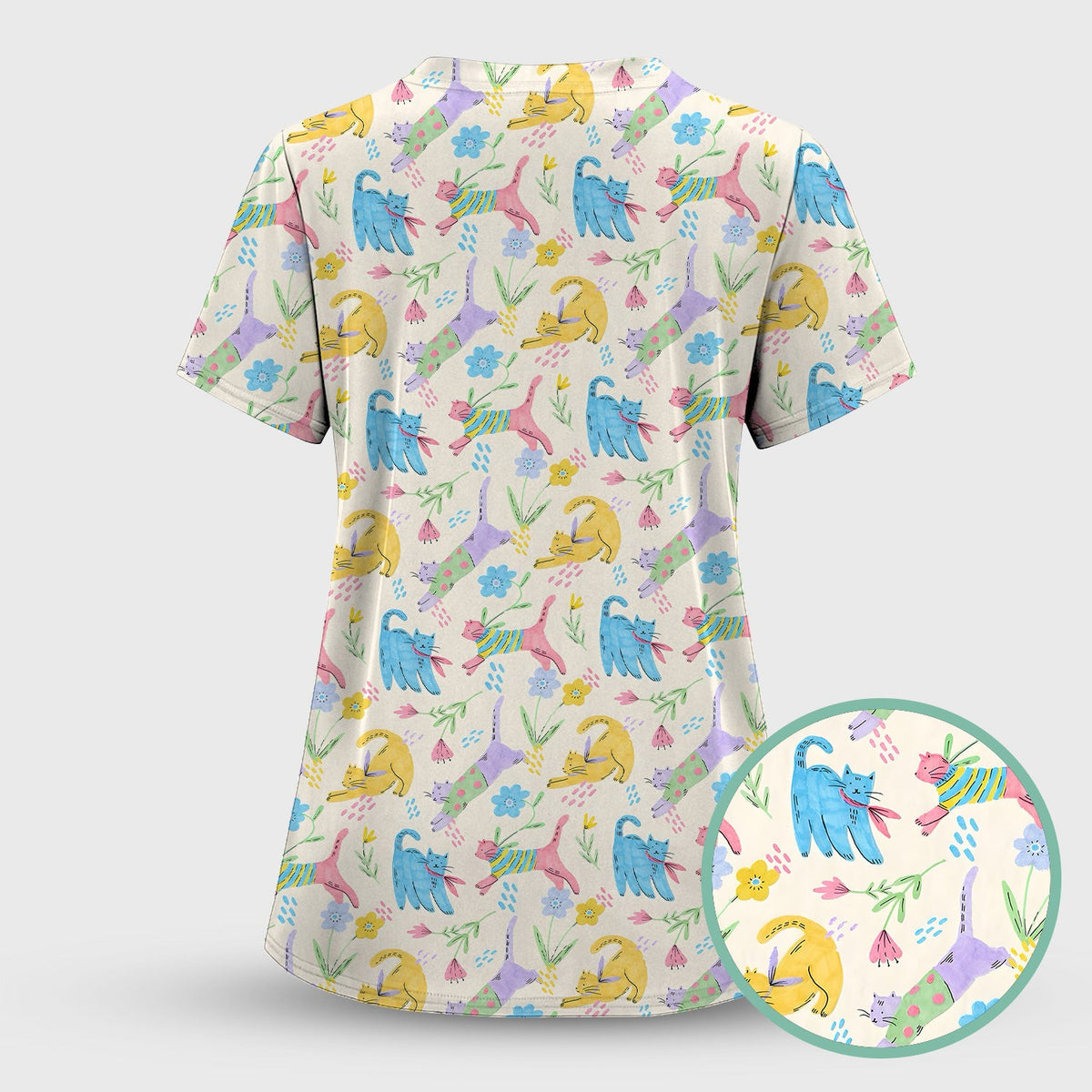 Cute Colorful Cat Floral Pattern Scrub Top, Comfortable Scrubs For Nurses