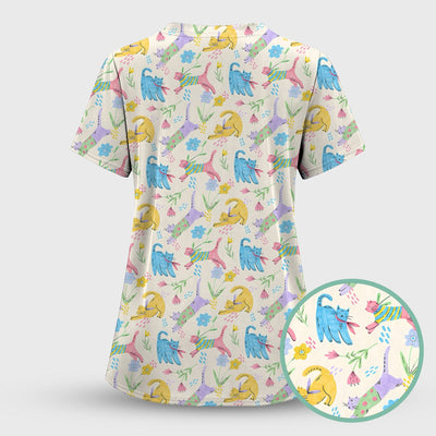 Cute Colorful Cat Floral Pattern Scrub Top, Comfortable Scrubs For Nurses