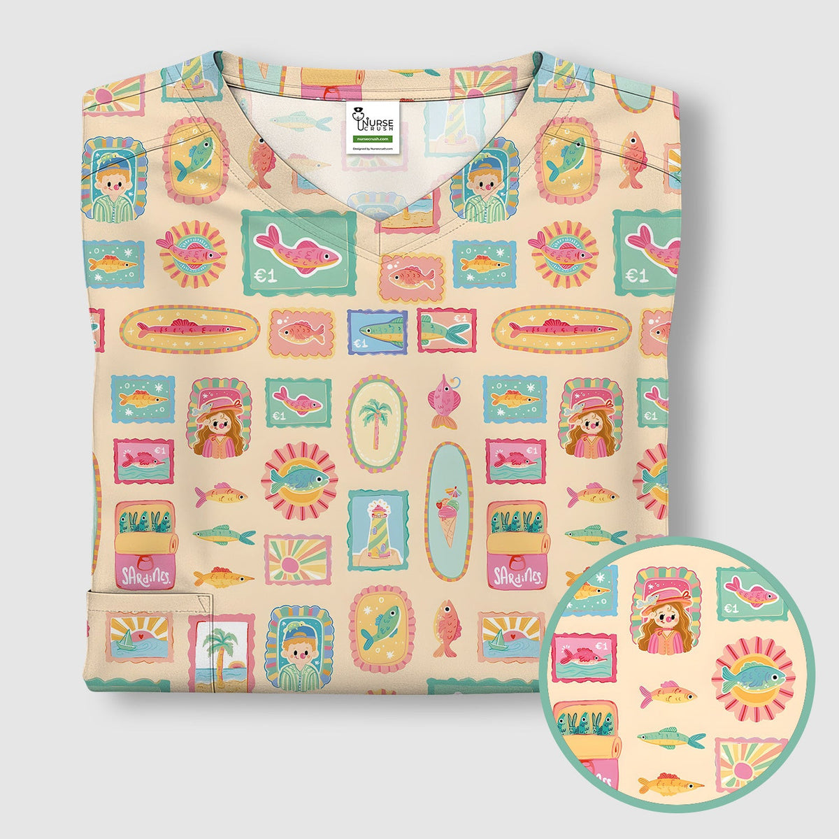 Coastal Vintage Postage Stamp Pattern Scrub Top, Comfortable Scrubs for Nurses