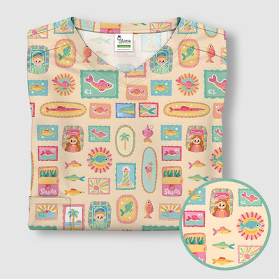 Coastal Vintage Postage Stamp Pattern Scrub Top, Comfortable Scrubs for Nurses